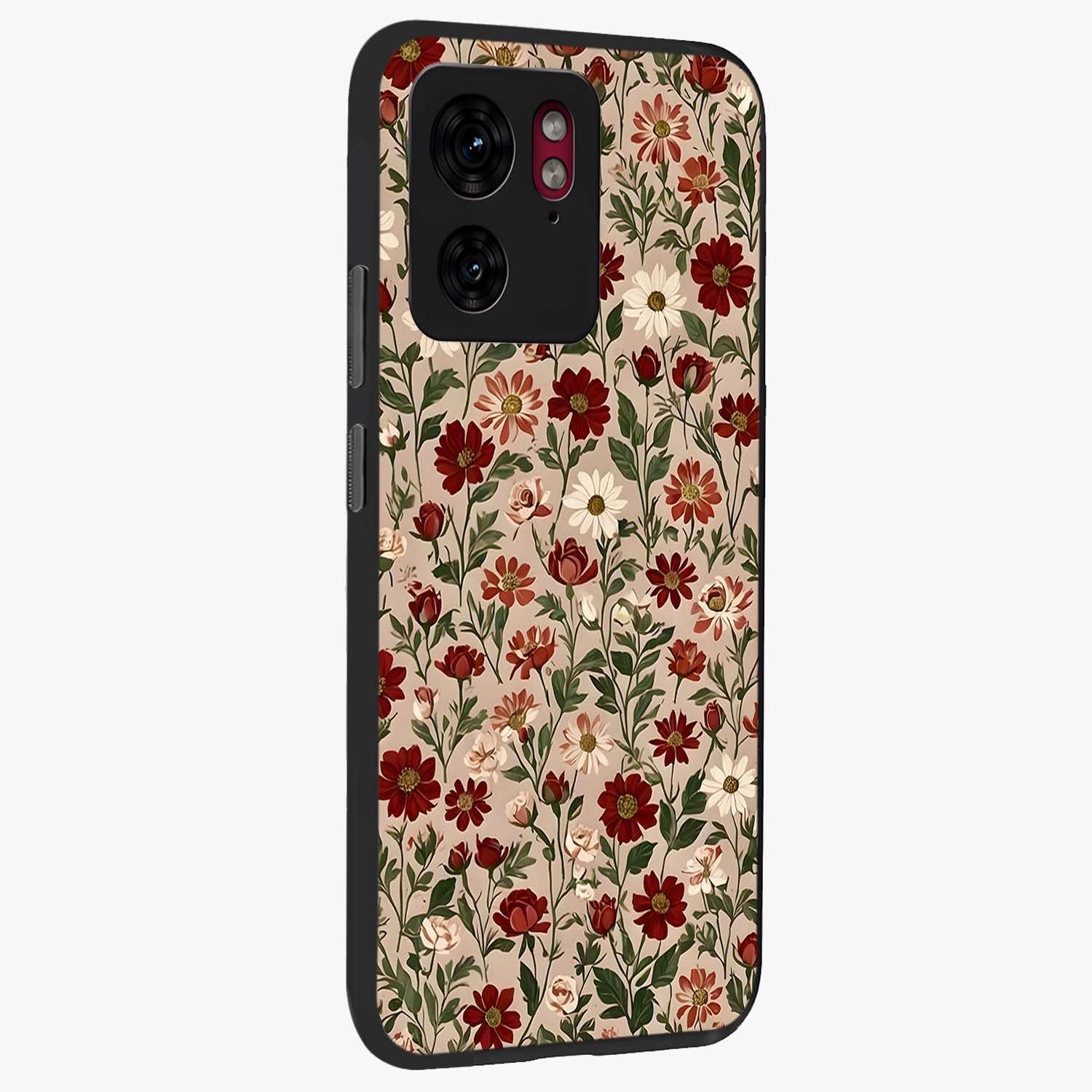 Biege Flower With Leaf Glass Case upright view showcasing delicate beige flower illustration with clean botanical style.
