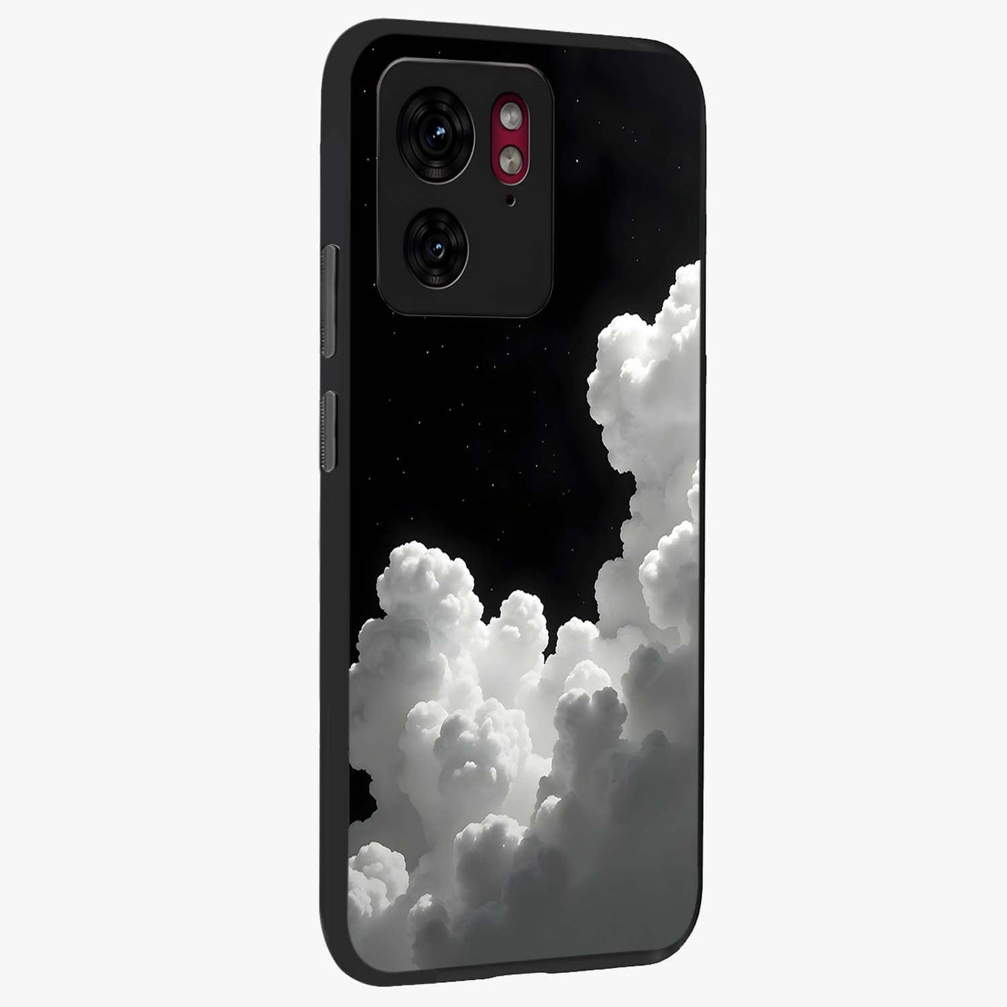 Black Background With White Cloud Glass Case upright view showcasing calm cloud aesthetic with modern minimal style.