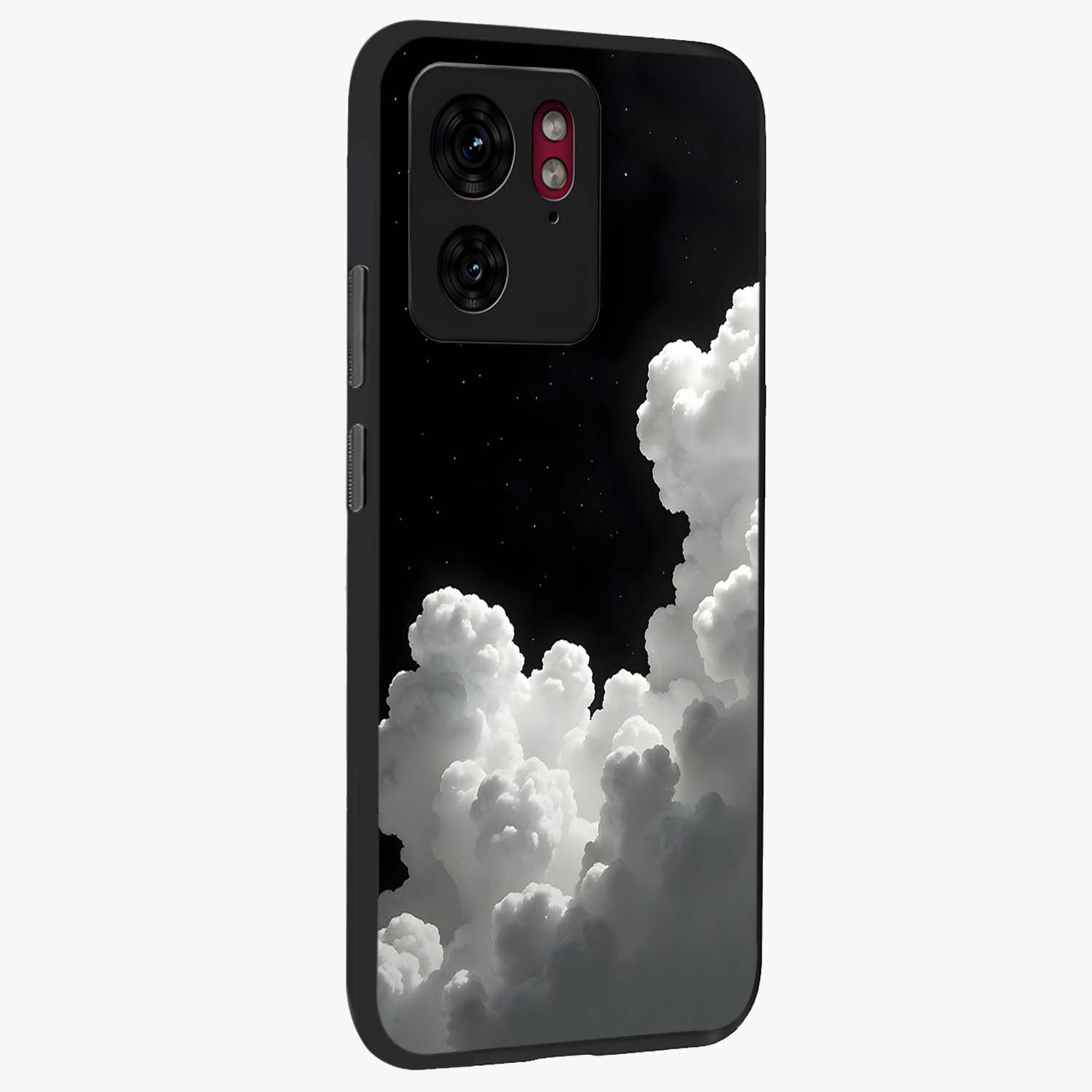 Black Background With White Cloud Glass Case upright view showcasing calm cloud aesthetic with modern minimal style.