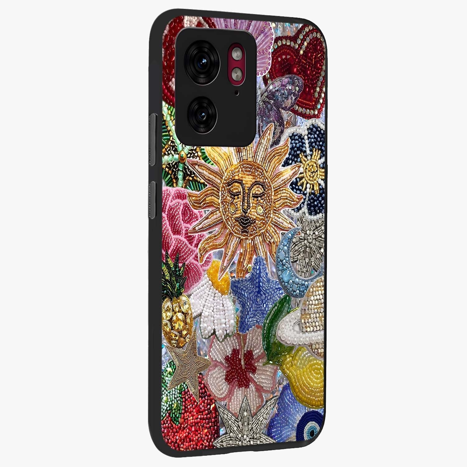 Celestial Floral and Playful Glass Case upright view showcasing whimsical floral artwork with cosmic aesthetic theme.