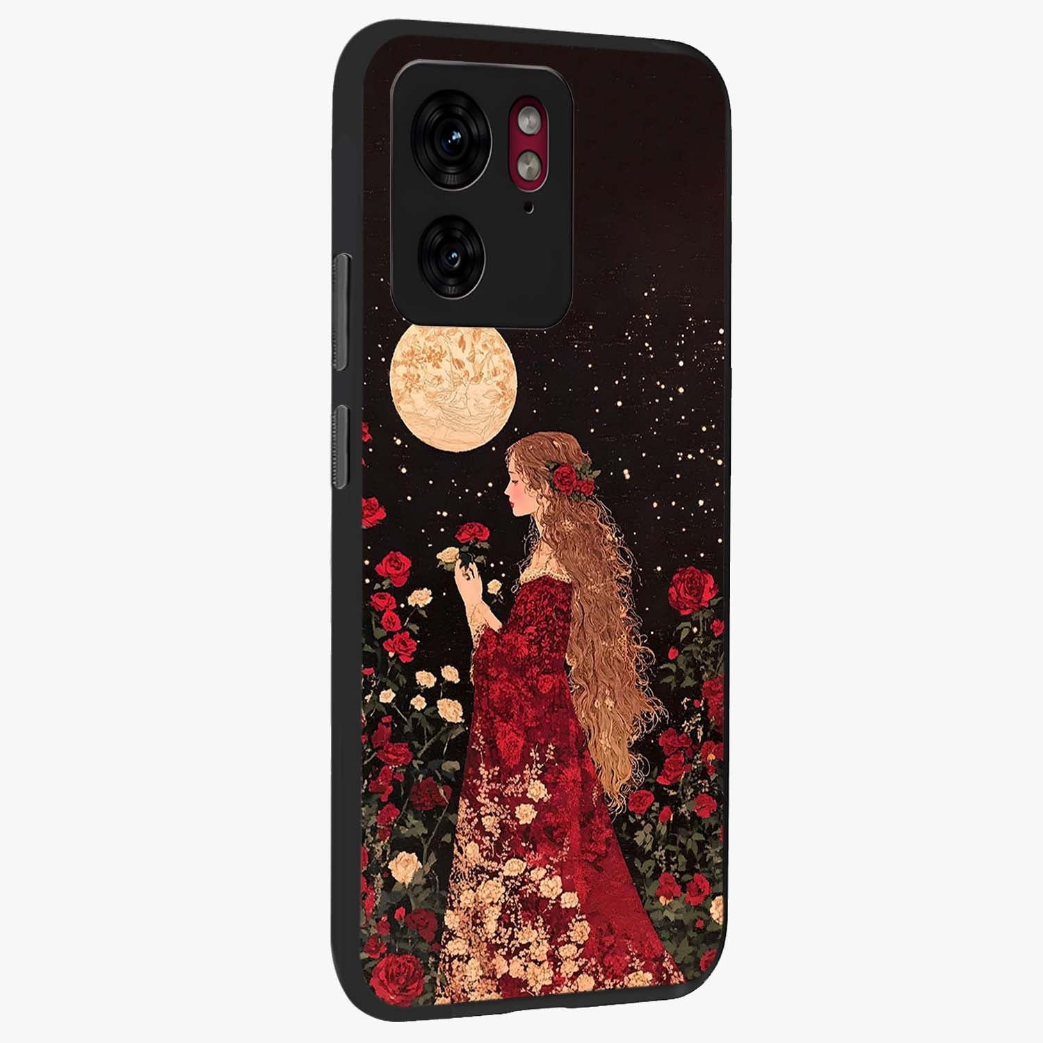 Crimson Dreams Glass Case upright view showcasing dreamy red toned artwork with modern aesthetic style.