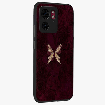 Crimson Fade Butterfly Glass Case upright view showcasing graceful butterfly artwork with soft crimson fade effect.