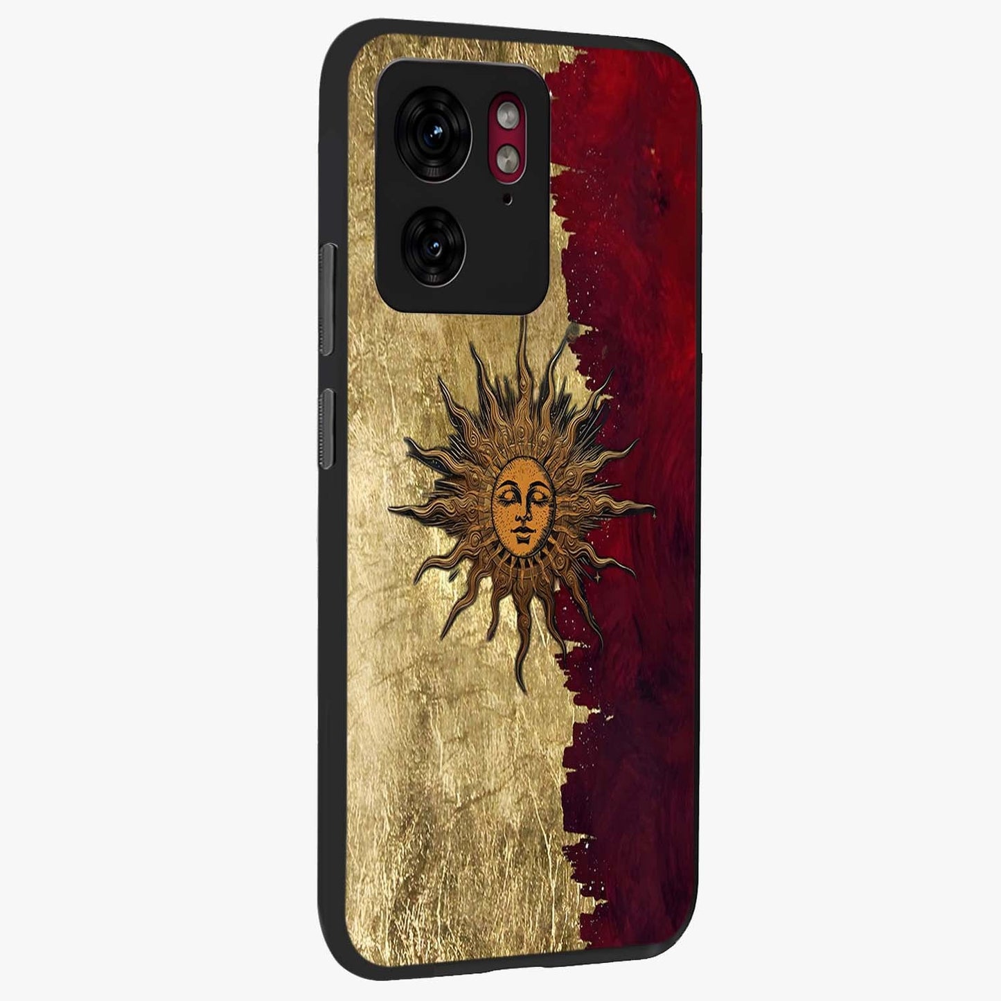 Crimson Sun Majesty Glass Case upright view showcasing vibrant sun artwork with powerful celestial theme.