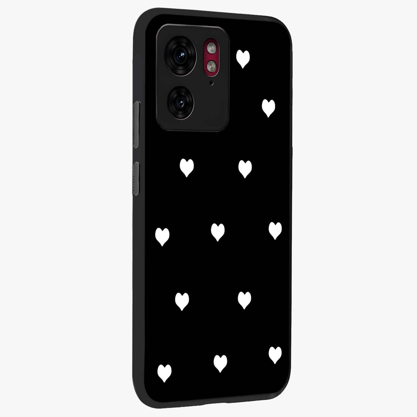 Cute And Simple White Hearts Glass Case upright view showcasing simple white hearts artwork with soft minimal theme.