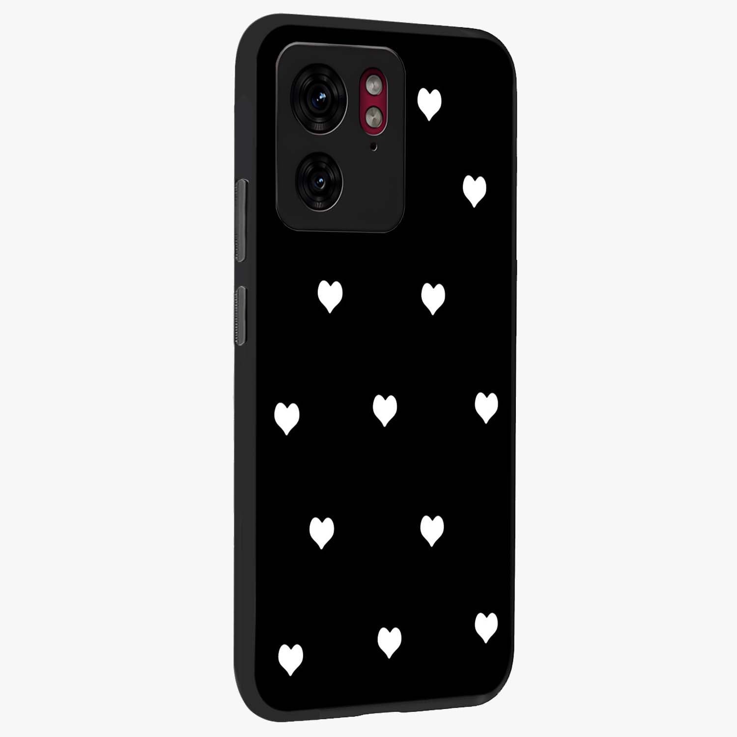 Cute And Simple White Hearts Glass Case upright view showcasing simple white hearts artwork with soft minimal theme.