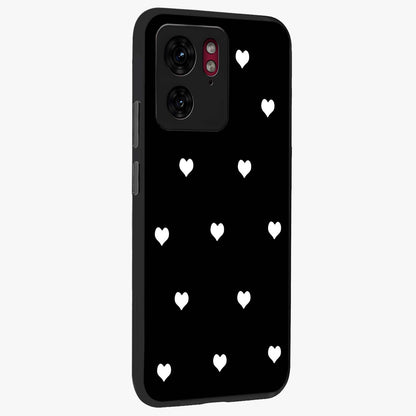 Cute And Simple White Hearts Glass Case upright view showcasing simple white hearts artwork with soft minimal theme.