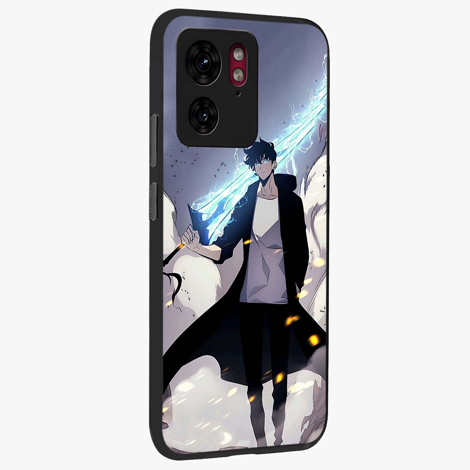 Dark Lightning Anime Warrior Glass Case upright view showcasing dramatic warrior artwork with dark lightning aesthetic.