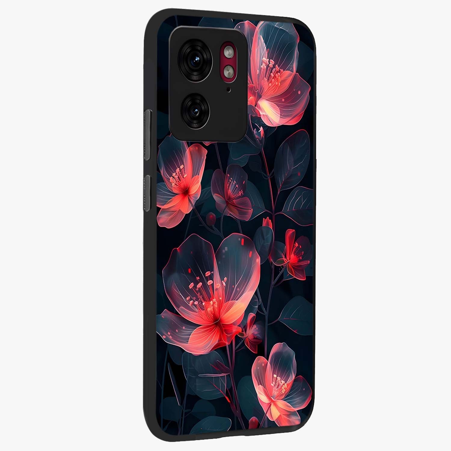 Dark Shade of Flower Glass Case upright view showcasing delicate flower artwork with rich dark floral theme.