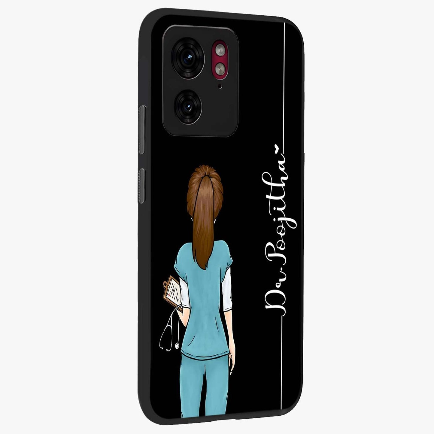Doctor Pattern Custom Name Glass Case upright view showcasing healthcare themed design with personalized aesthetic.