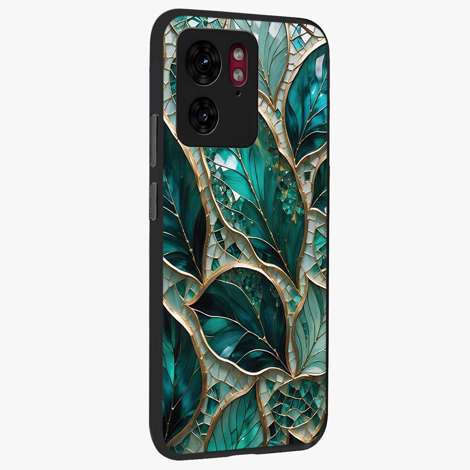 Emerald Leaf Glass Glass Case upright view showcasing fresh green leaf artwork with calming nature inspired style.