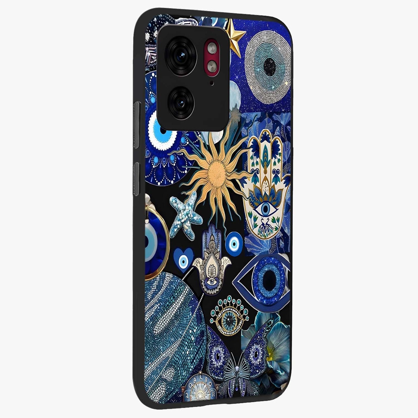 Evil Eye Charm Mix Glass Case upright view showcasing mystical evil eye pattern with vibrant decorative style.