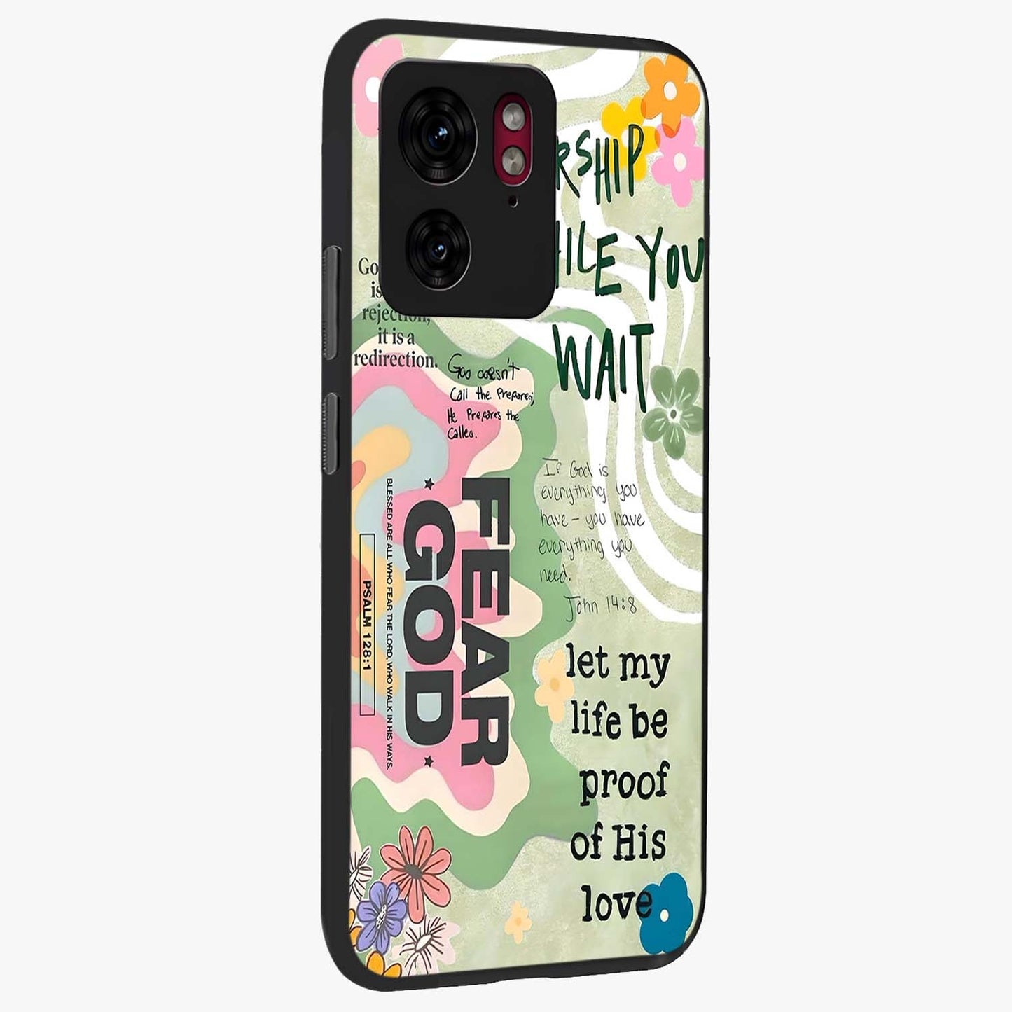 Faith Over Fear Glass Case upright view showcasing bold typography artwork with uplifting motivational theme.