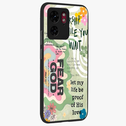 Faith Over Fear Glass Case upright view showcasing bold typography artwork with uplifting motivational theme.