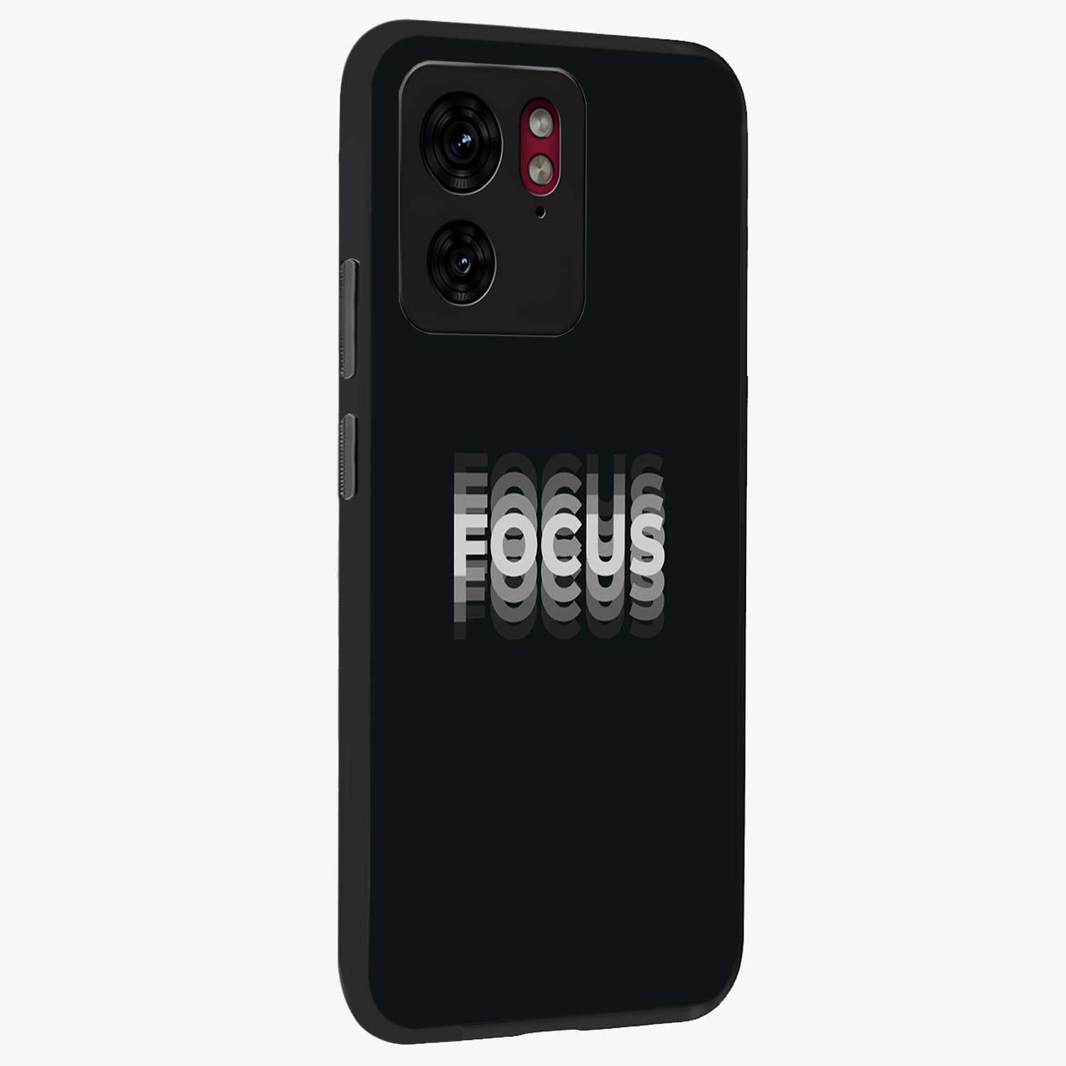 Focus Mode On Glass Case upright view showcasing strong typography statement with sleek motivational theme.