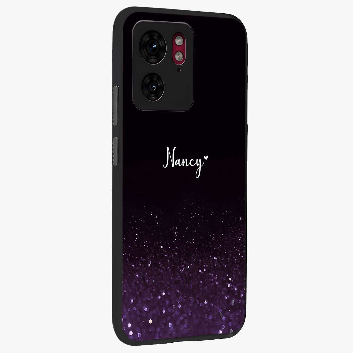 Glittery Purple Bokeh Custom Name Glass Case upright view showcasing vibrant purple sparkle artwork with personalized aesthetic style.