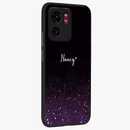 Glittery Purple Bokeh Custom Name Glass Case upright view showcasing vibrant purple sparkle artwork with personalized aesthetic style.