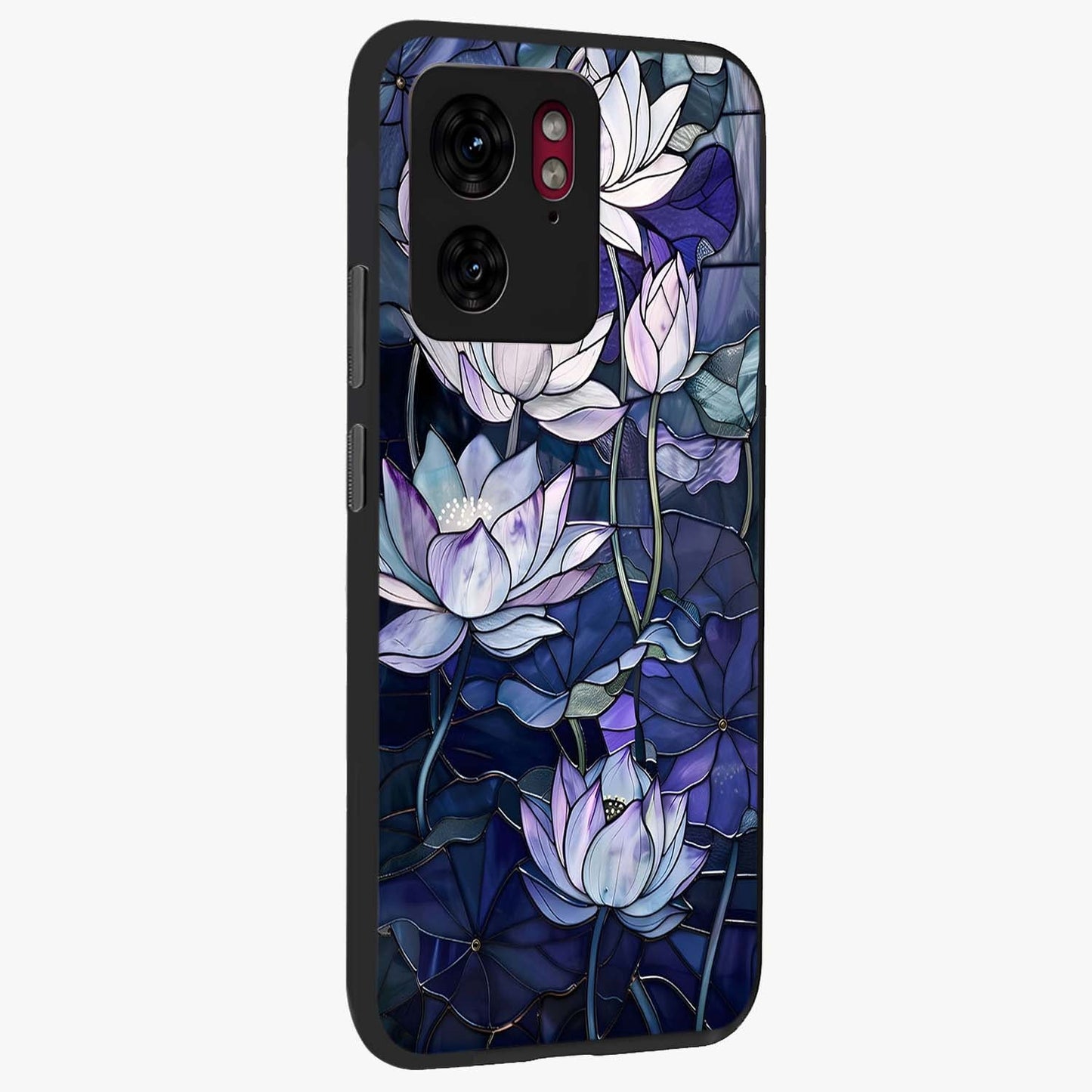 Gloss Petal Rush Glass Case upright view showcasing dynamic floral petal artwork with modern botanical theme.