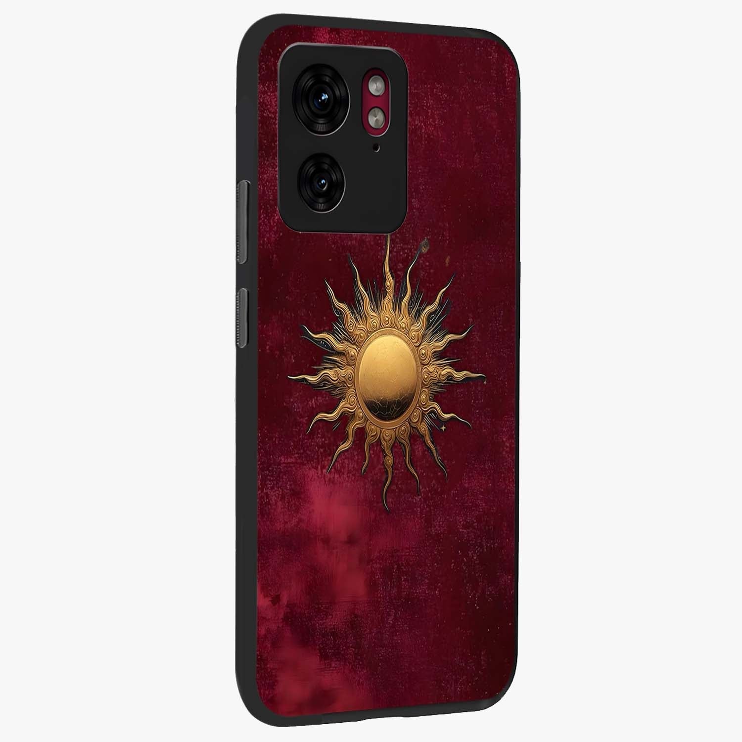 Golden Sun Minimalism Glass Case upright view showcasing simple golden sun artwork with elegant minimalist style.