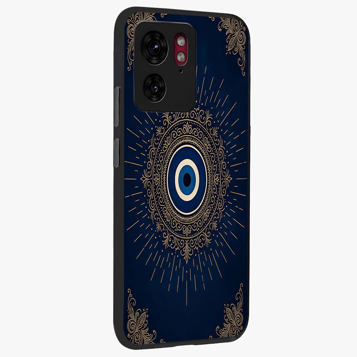 Golden Celestial Charm Glass Case upright view showcasing radiant celestial artwork with elegant golden theme.