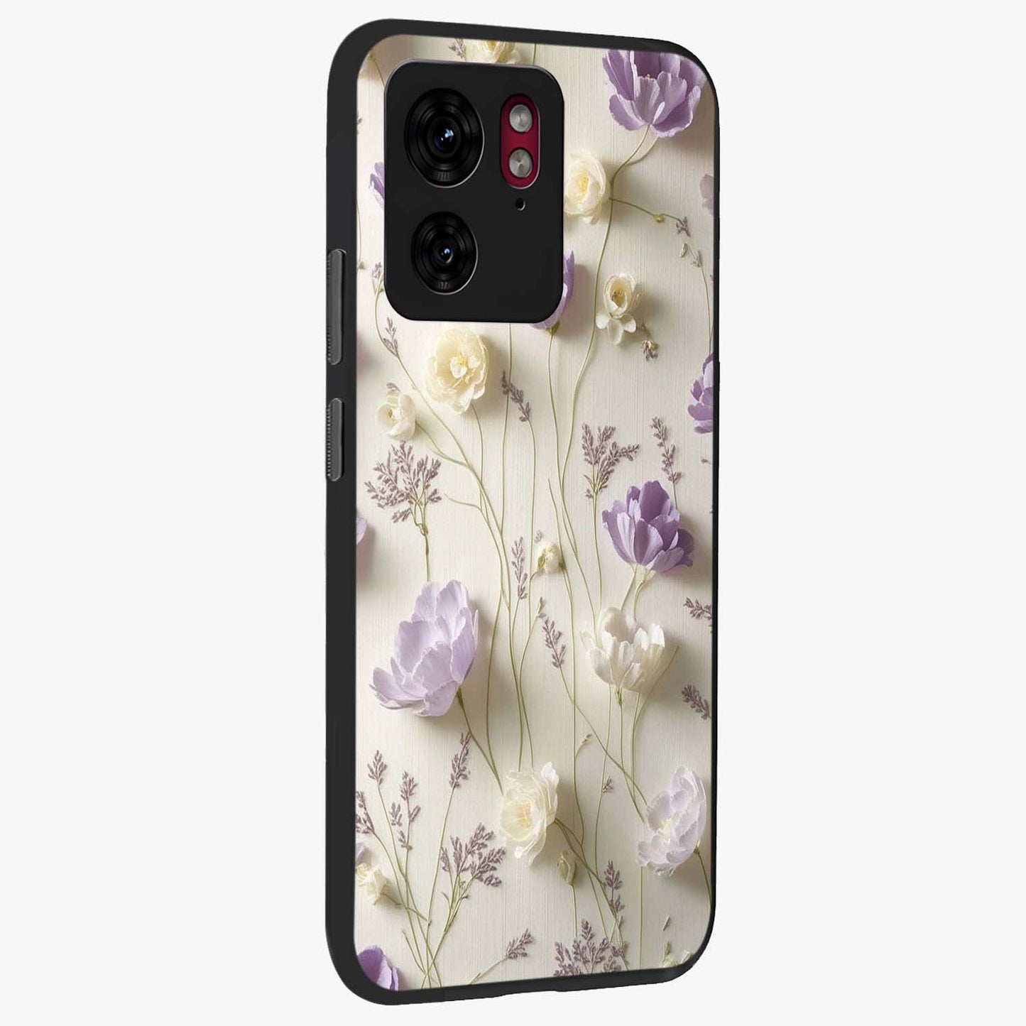 Lilac Breeze Harmony Glass Case upright view showcasing delicate lilac artwork with peaceful floral theme.