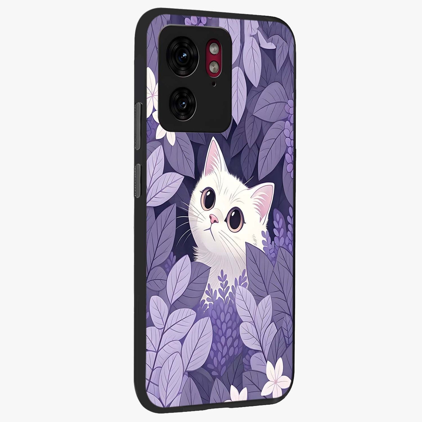 Lilac Hide Peek Cat Glass Case upright view showcasing charming cat artwork with adorable peek theme.