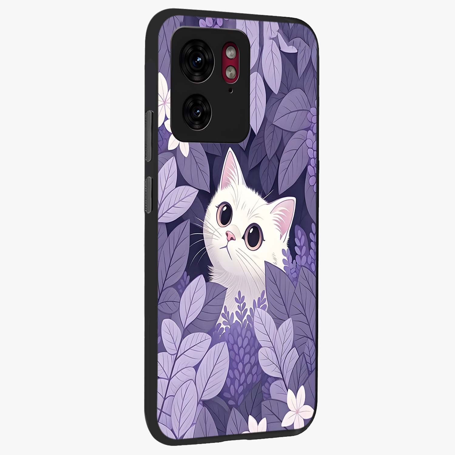 Lilac Hide Peek Cat Glass Case upright view showcasing charming cat artwork with adorable peek theme.