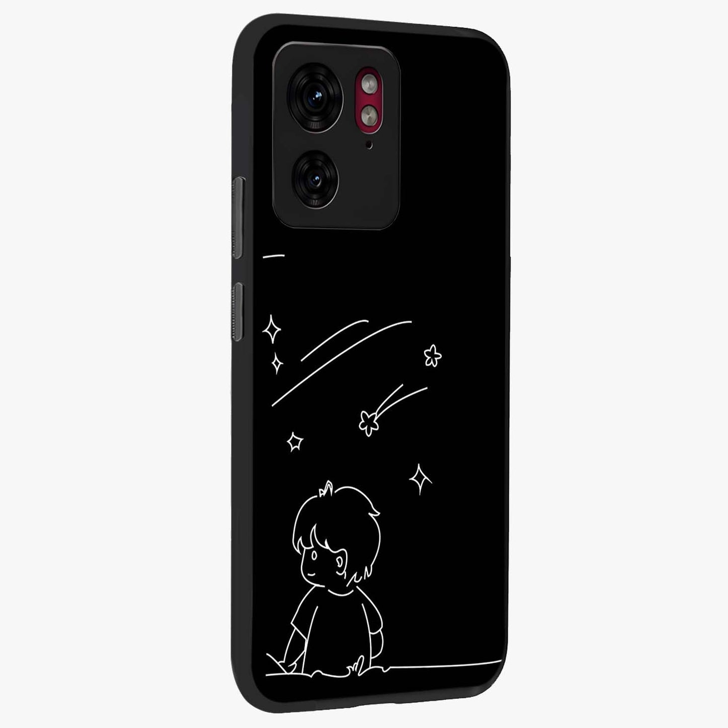 Line Art Boy With Shooting Stars Glass Case upright view showcasing artistic shooting star illustration with minimal style.