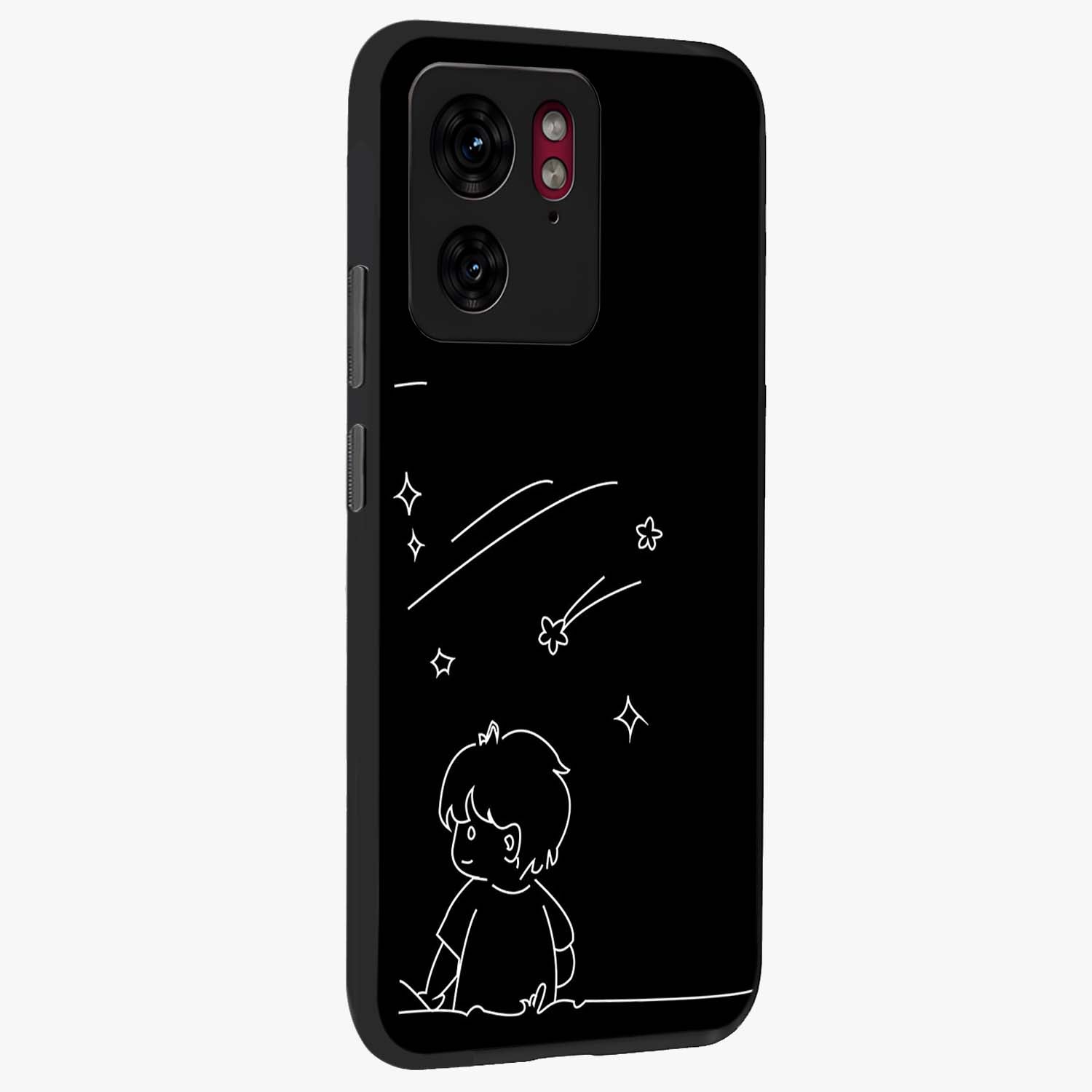 Line Art Boy With Shooting Stars Glass Case upright view showcasing artistic shooting star illustration with minimal style.