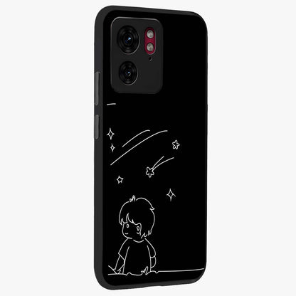 Line Art Boy With Shooting Stars Glass Case upright view showcasing artistic shooting star illustration with minimal style.