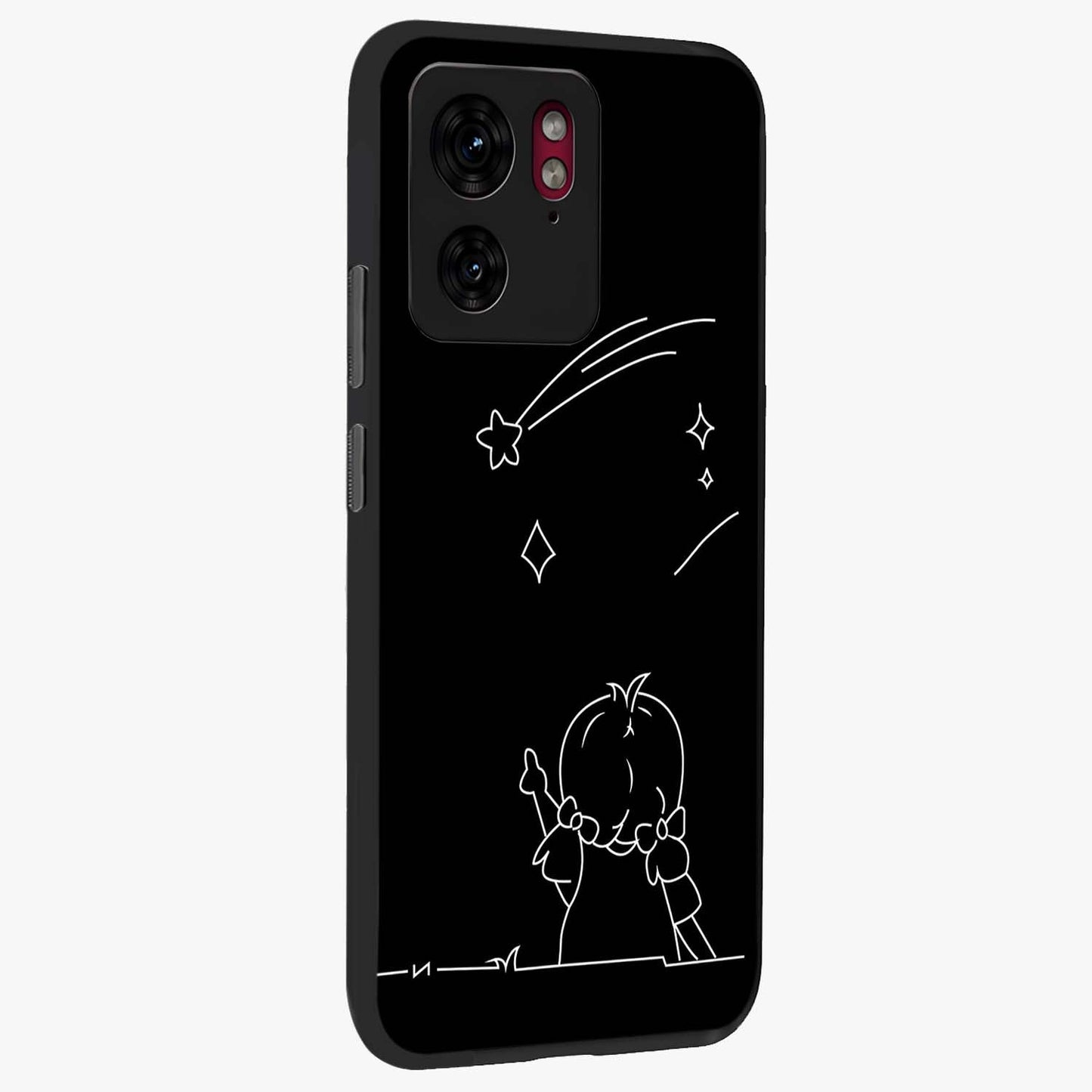 Line Art Girl With Shooting Stars Glass Case upright view showcasing delicate shooting stars artwork with minimal artistic theme.