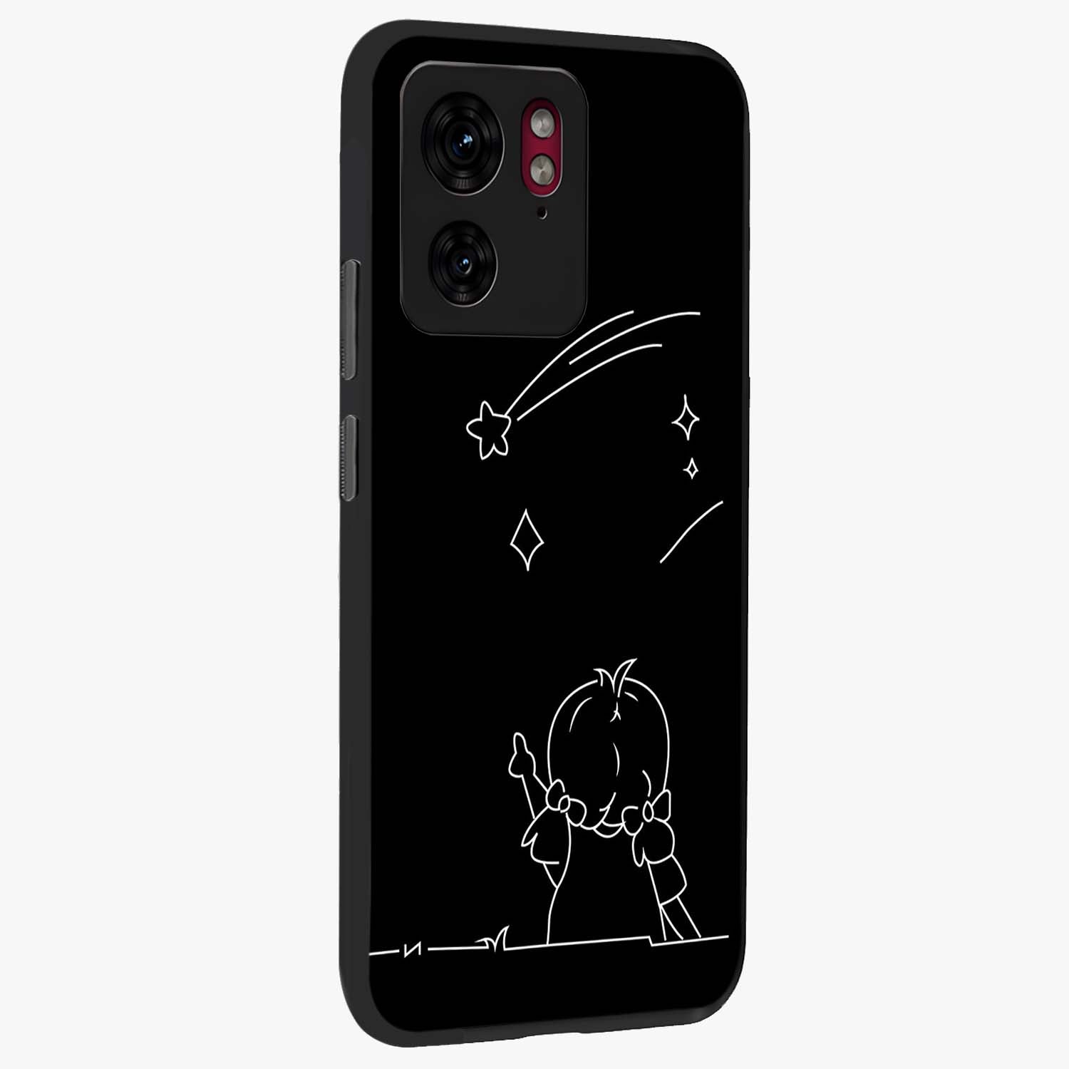 Line Art Girl With Shooting Stars Glass Case upright view showcasing delicate shooting stars artwork with minimal artistic theme.