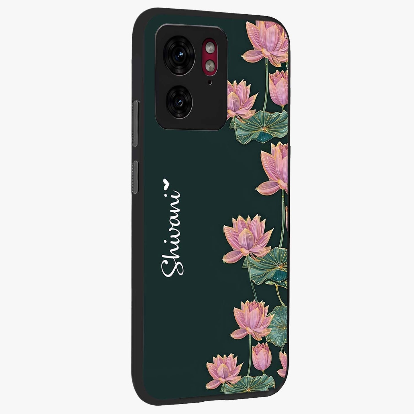 Lotus Bloom Serenity Custom Name Glass Case upright view showcasing serene lotus bloom artwork with personalized floral aesthetic.