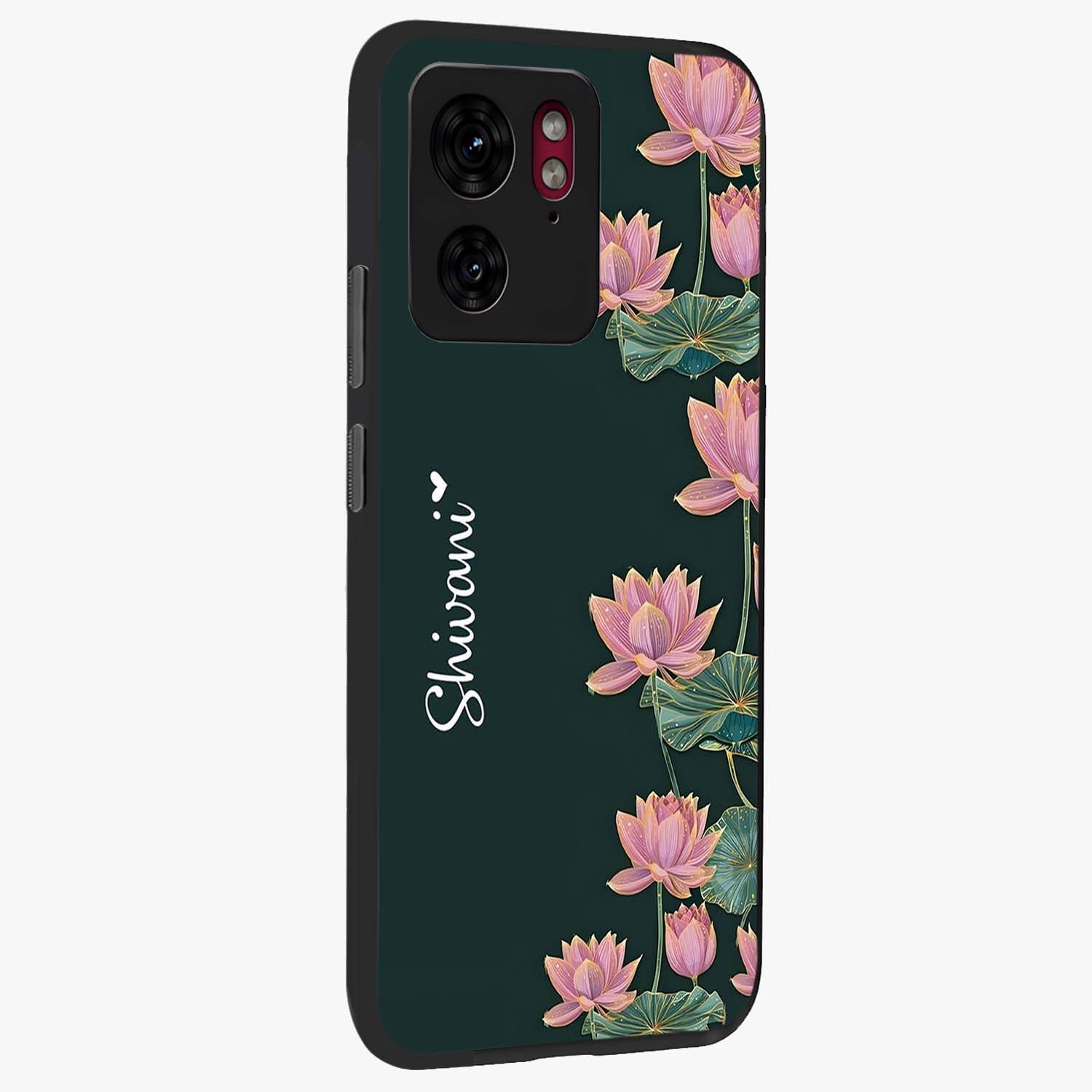 Lotus Bloom Serenity Custom Name Glass Case upright view showcasing serene lotus bloom artwork with personalized floral aesthetic.