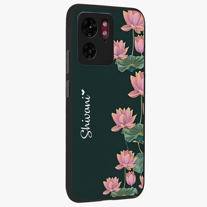 Lotus Bloom Serenity Custom Name Glass Case upright view showcasing serene lotus bloom artwork with personalized floral aesthetic.