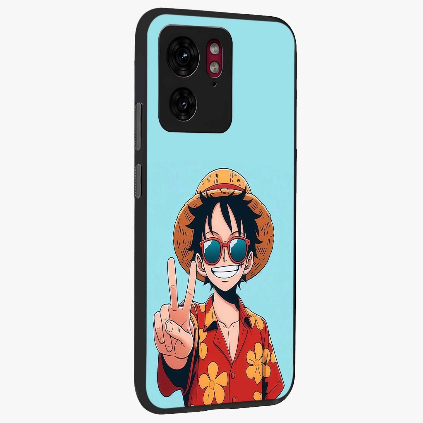 Luffy Summer Anime Vibe Glass Case upright view showcasing dynamic anime artwork with bright adventurous theme.
