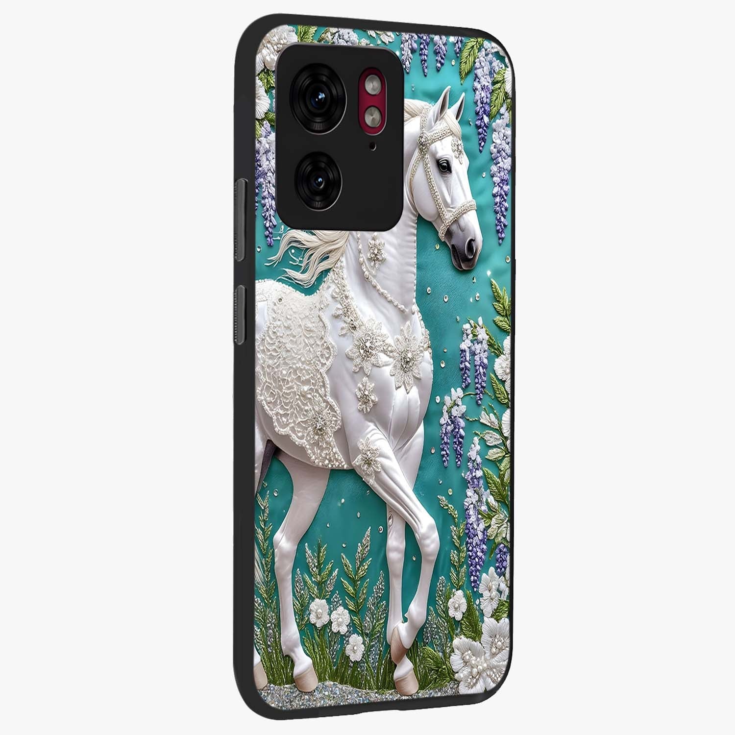 Majestic Floral Stallion Glass Case upright view showcasing dramatic horse artwork with decorative floral theme.