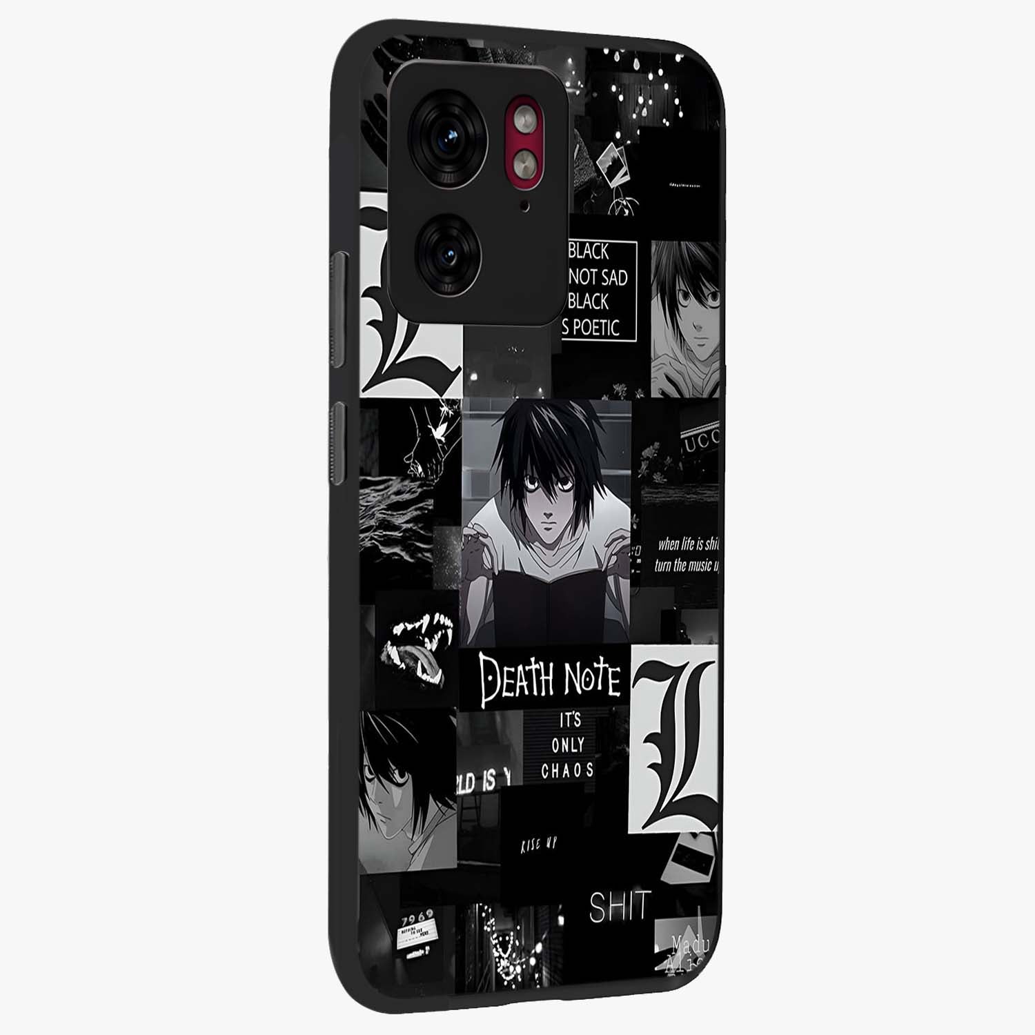 Midnight Chaos Mind Glass Case upright view showcasing expressive abstract artwork with bold dark theme.