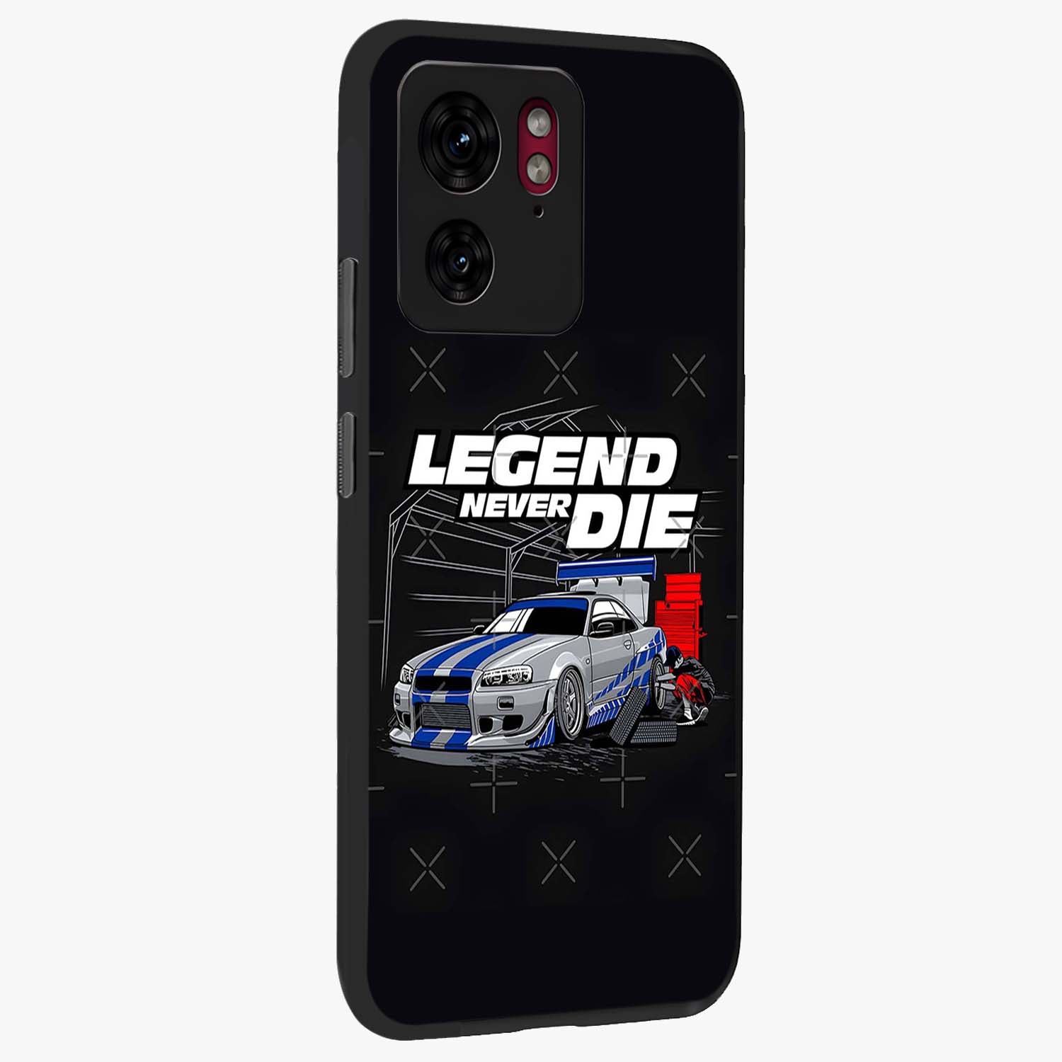 Midnight Racing Legacy Glass Case upright view showcasing powerful racing artwork with modern sports theme.