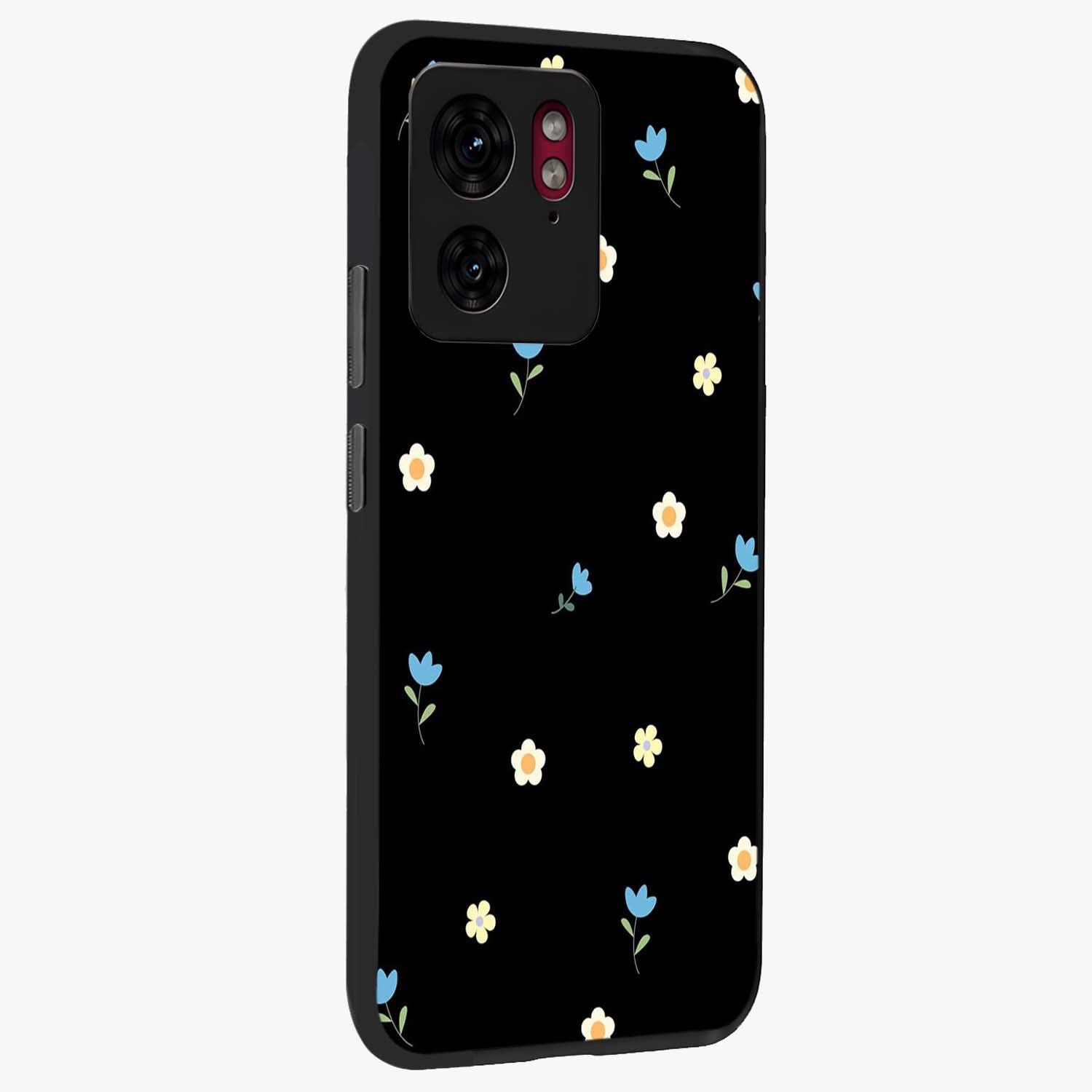 Minimal Petal Whispers Glass Case upright view showcasing elegant floral artwork with modern minimalist style.