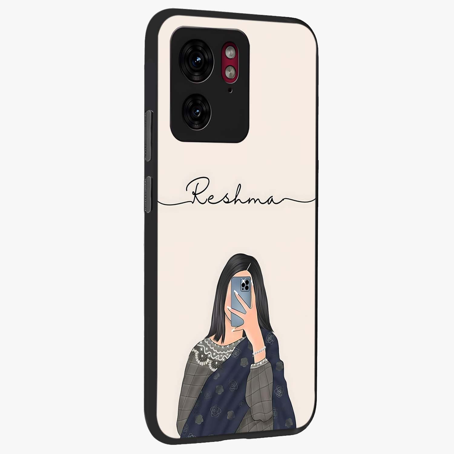 Mirror Mood Muse With Custom Name Glass Case upright view showcasing artistic mirror themed artwork with personalized aesthetic.