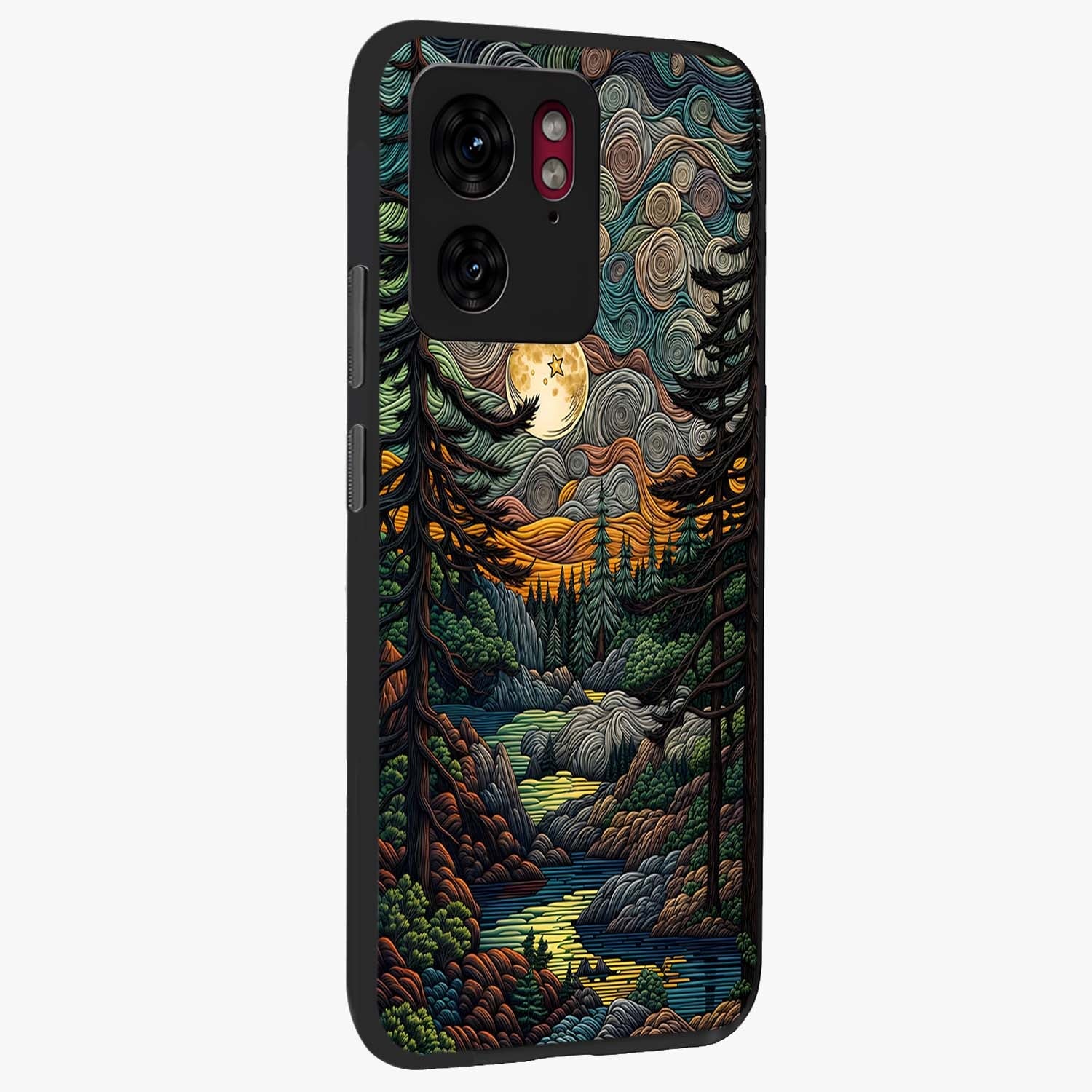 Moonlight Forest Dream Glass Case upright view showcasing magical forest artwork with calm night theme.