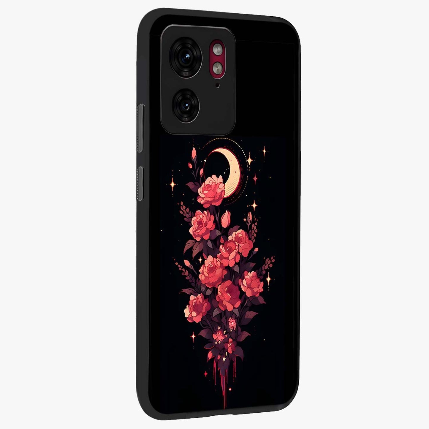 Moonlit Floral Elegance Glass Case upright view showcasing delicate floral artwork with refined night inspired theme.