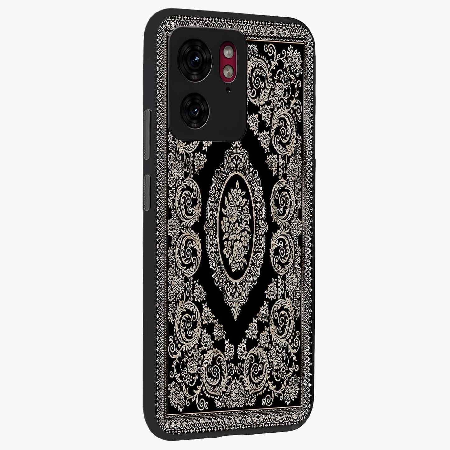 Noir Bloom Elegance Glass Case upright view showcasing graceful floral artwork with luxurious dark theme.