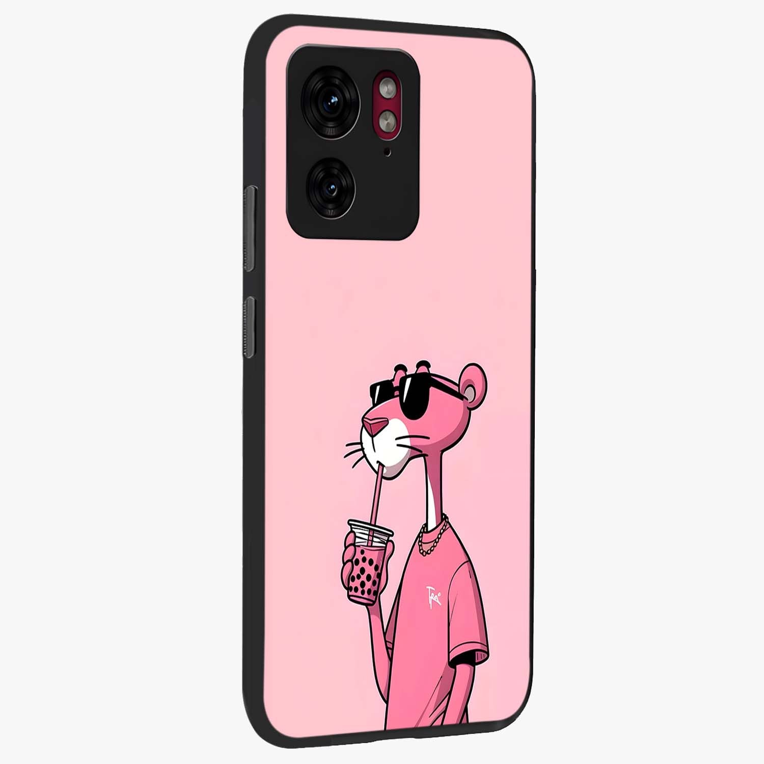 Pink Panther Glass Case upright view showcasing fun animated artwork with stylish retro cartoon theme.