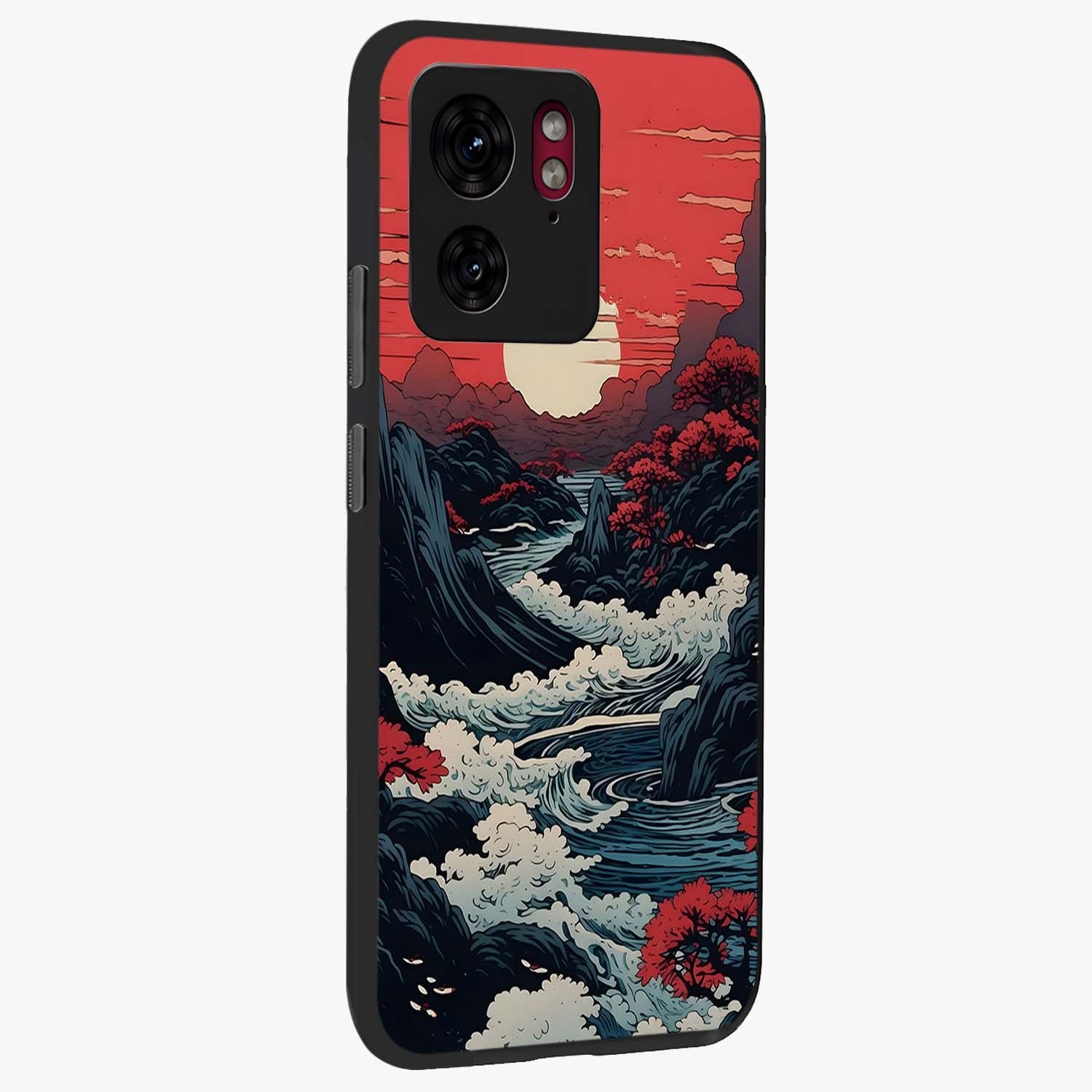 Red Sunset Scenery Glass Case upright view showcasing dramatic sunset scenery artwork with warm nature theme.
