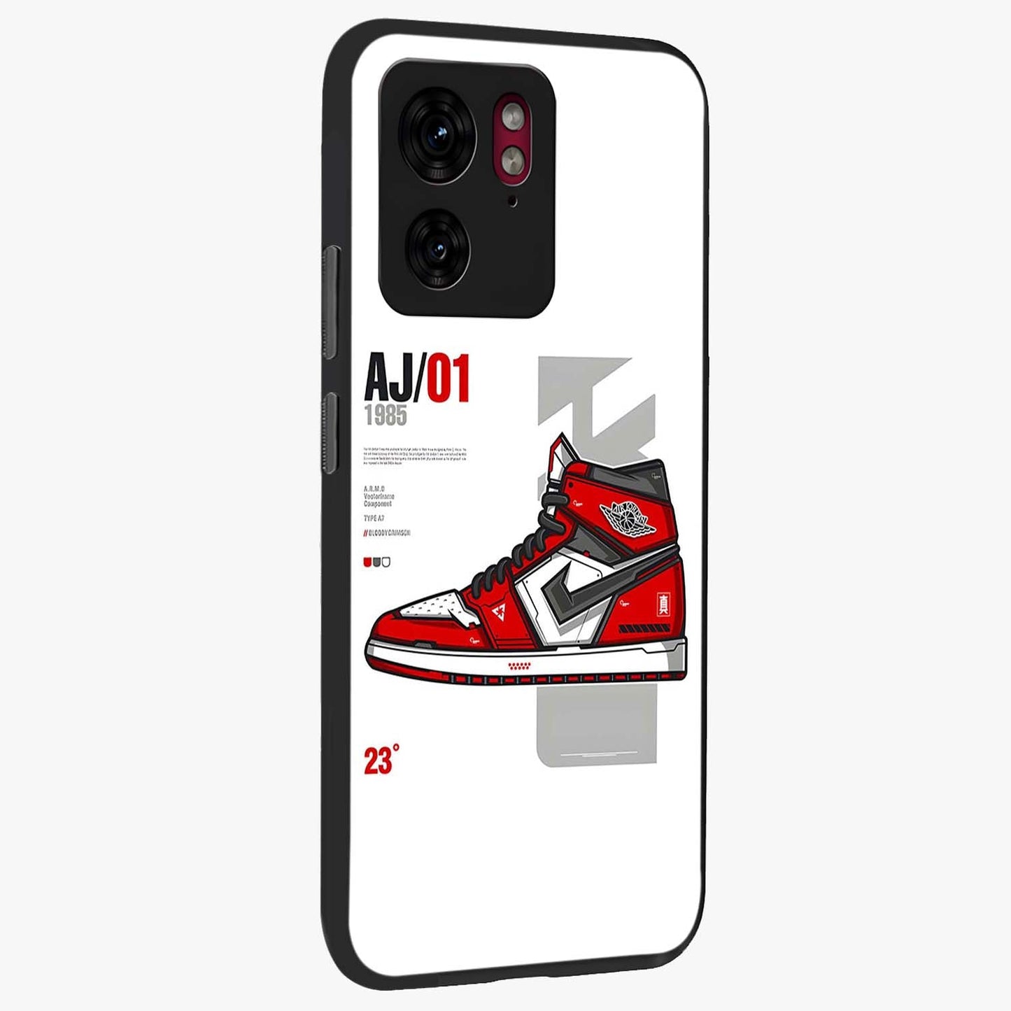 Retro Sneaker Blueprint Glass Case upright view showcasing stylish sneaker illustration with vintage streetwear theme.
