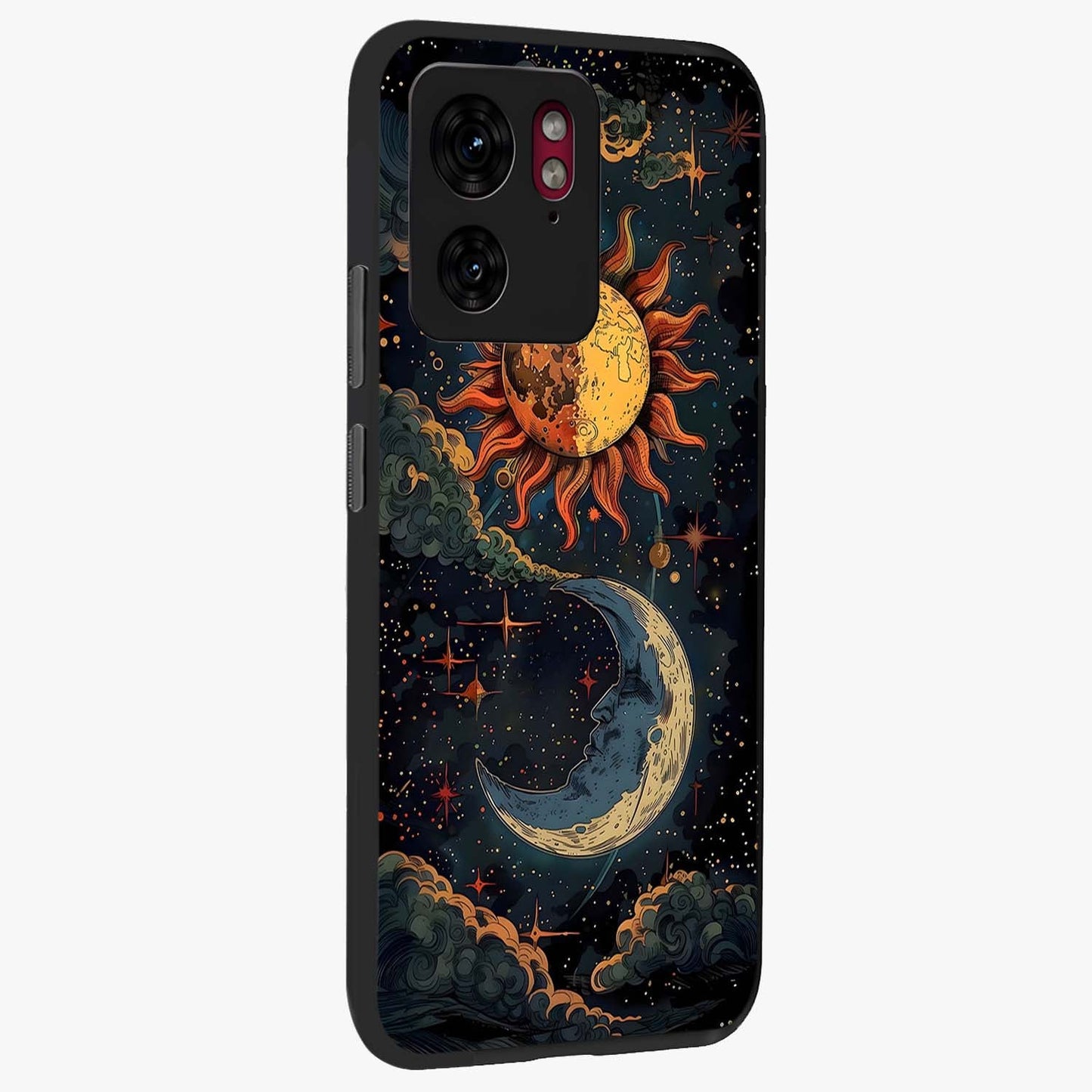 Sun And Moon Magic Design Glass Case upright view showcasing decorative sun and moon artwork with spiritual celestial theme.