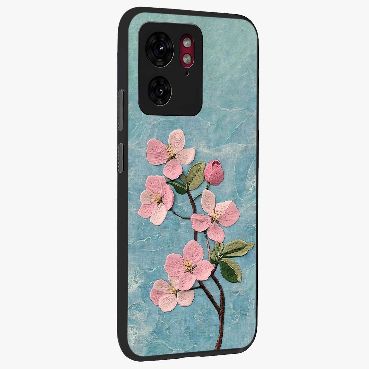 Threaded Blossom Breeze Glass Case upright view showcasing graceful flower artwork with calm botanical theme.