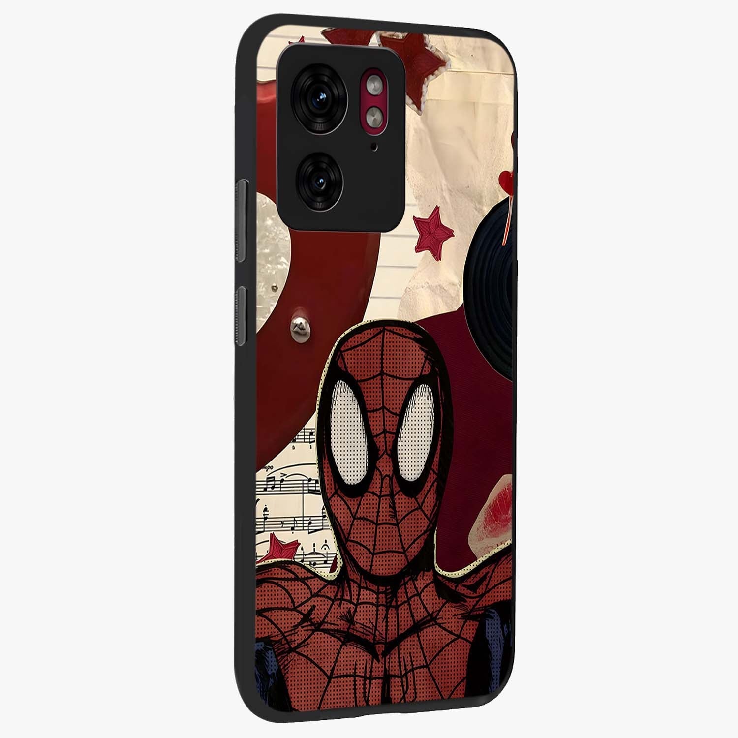 Web Warrior Vibes Glass Case upright view showcasing energetic superhero artwork with bold action theme.