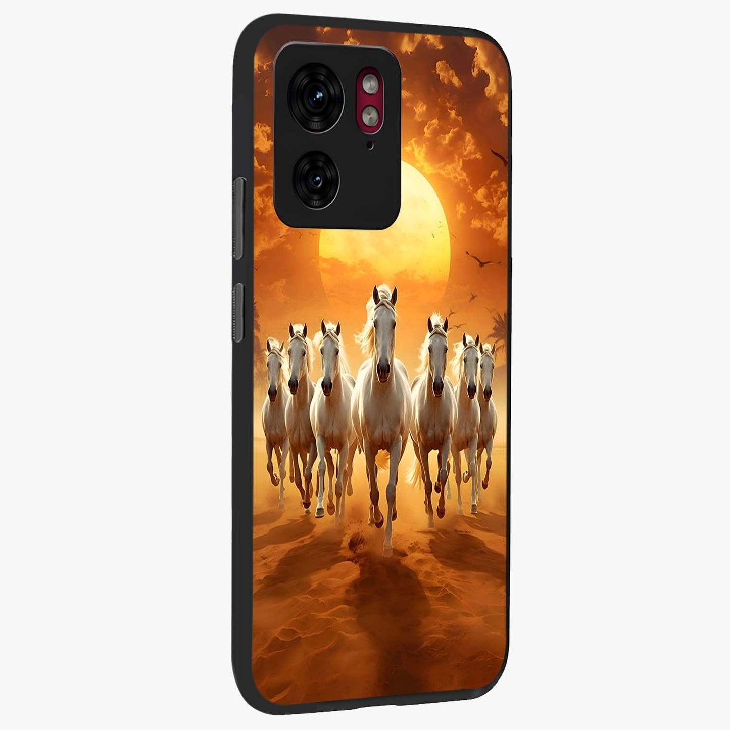 Wild Sunset Majesty Glass Case upright view showcasing dramatic sunset artwork with bold nature theme.